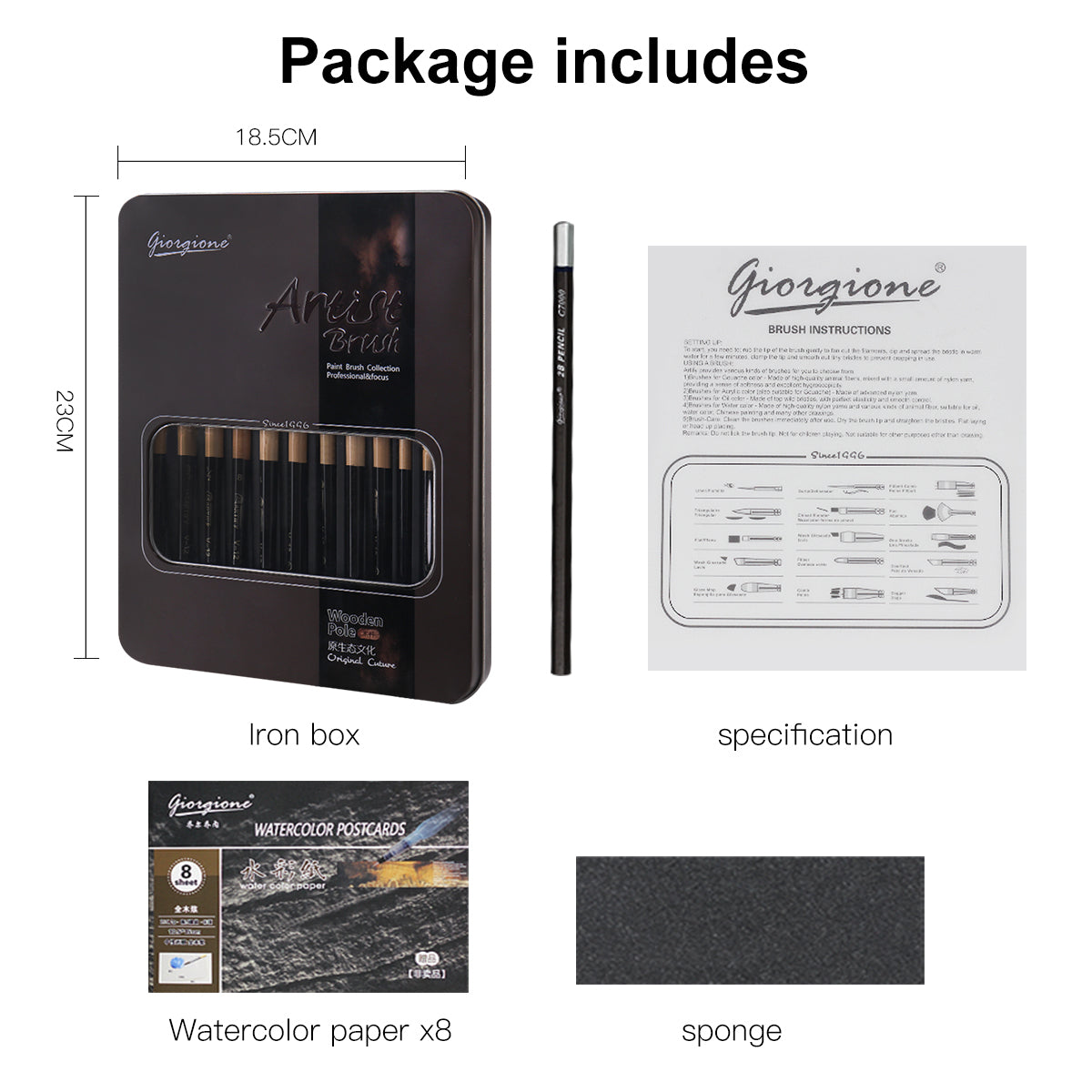 Giorgione 12-Piece Nylon Paint Brush Set with Assorted Tips & Sizes – Metal Box