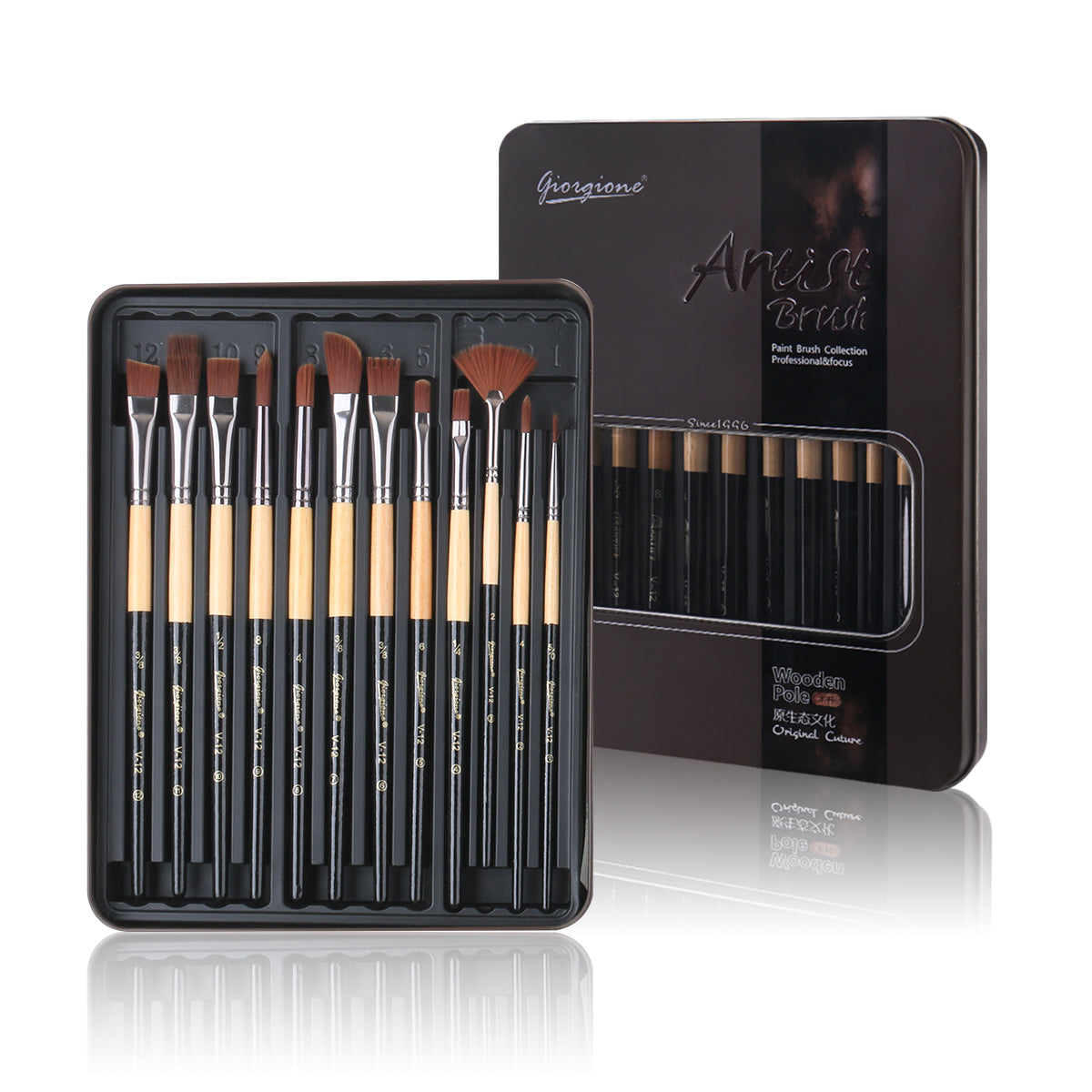 Giorgione 12-Piece Nylon Paint Brush Set with Assorted Tips & Sizes – Metal Box