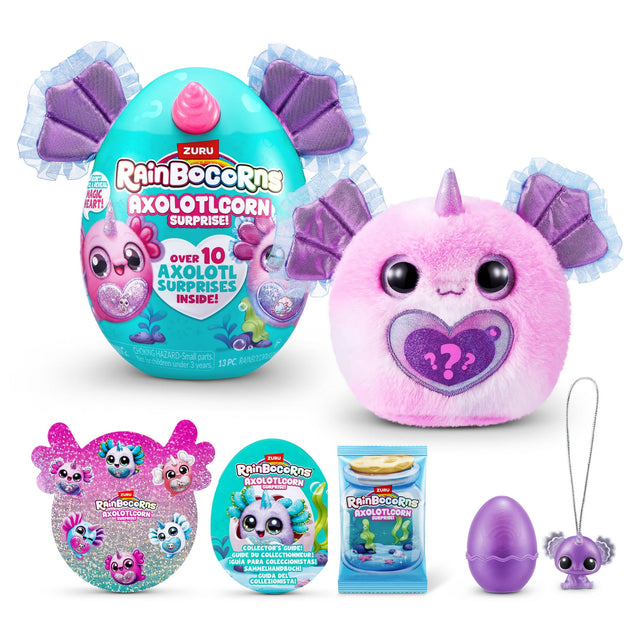 Rainbocorns Axolotlcorn Surprise - Cuddly Axolotl Unicorn Plush Egg with 10 Aquatic-Themed Surprises and Boo-Boocorn - Assorted