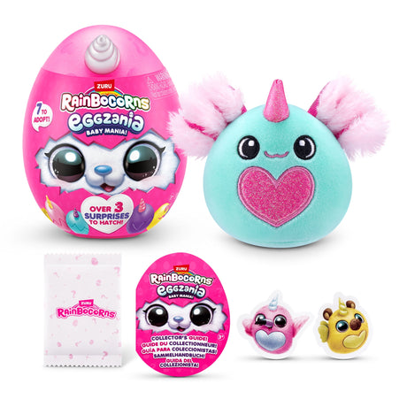 Rainbocorns Baby Eggzania S1 (Assorted) - Adorable Mini Plush Surprise Egg with Glitter Hearts and 7 Collectibles - Assorted