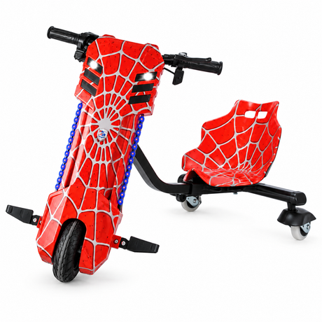 36V Red Spider-Man Theme Drift Scooter for kids with 360-degree drifting action and LED lights