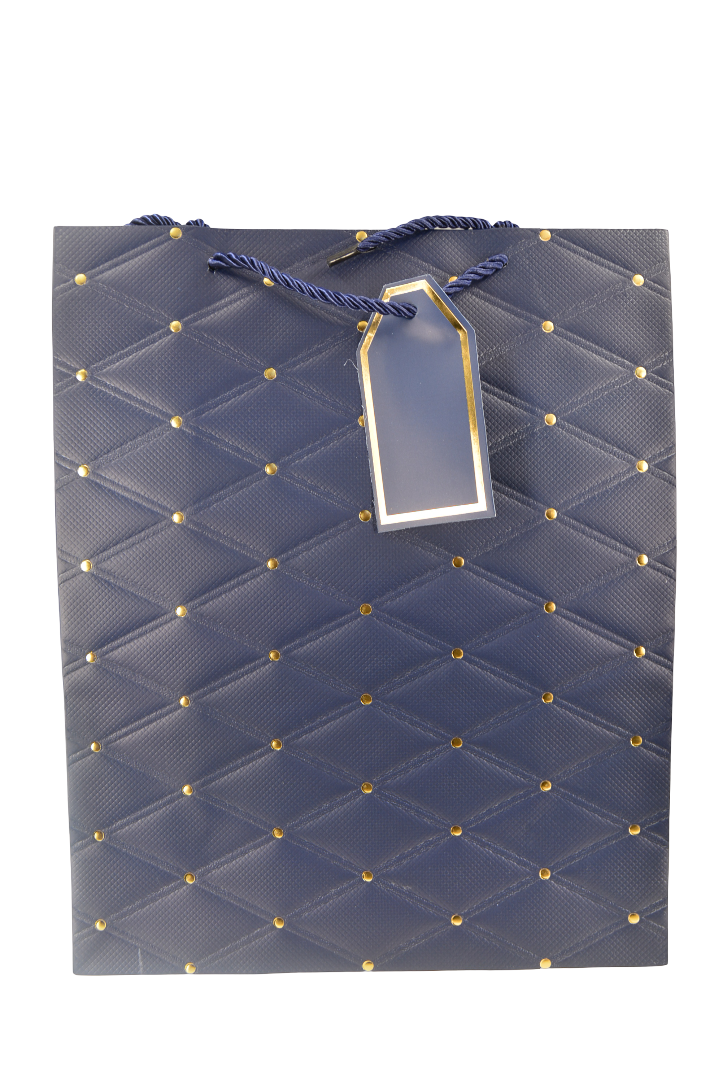 Paper Gift Bag Quilted Design Navy Blue / White Color 26x32x12