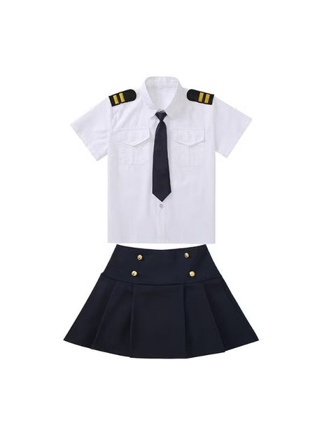 Girl wearing a Dress Up Pilot Costume with airline captain uniform jacket and hat for career day