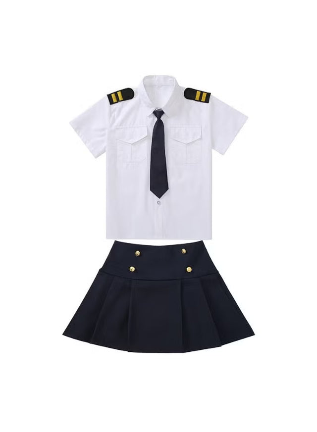 Girl wearing a Dress Up Pilot Costume with airline captain uniform jacket and hat for career day