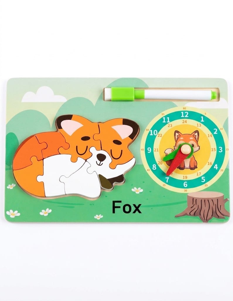 Fox Small Wooden Jigsaw Puzzle Toy with Clock