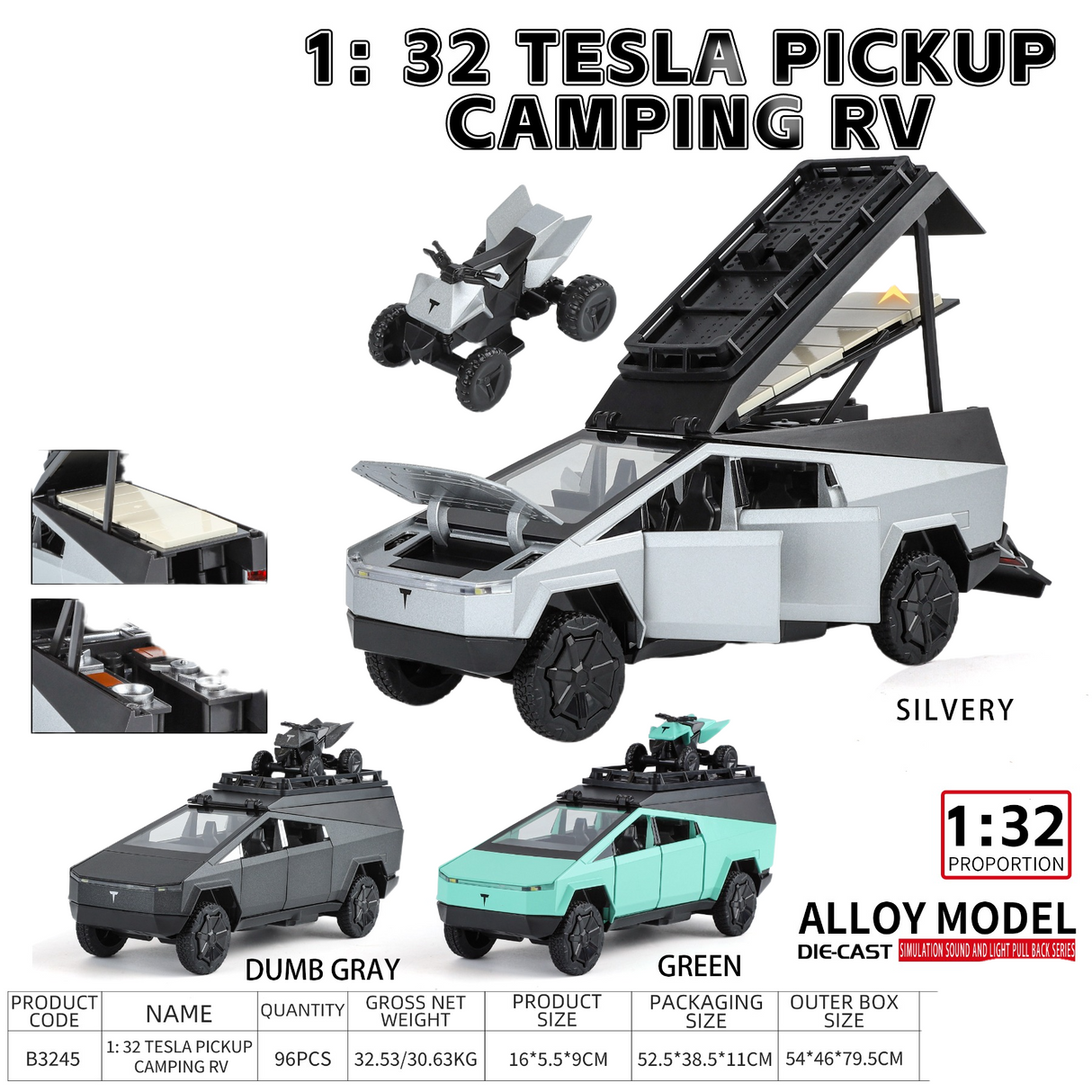 Tesla Cybertruck Model 1:32 with Roof Rack & Quad Bike