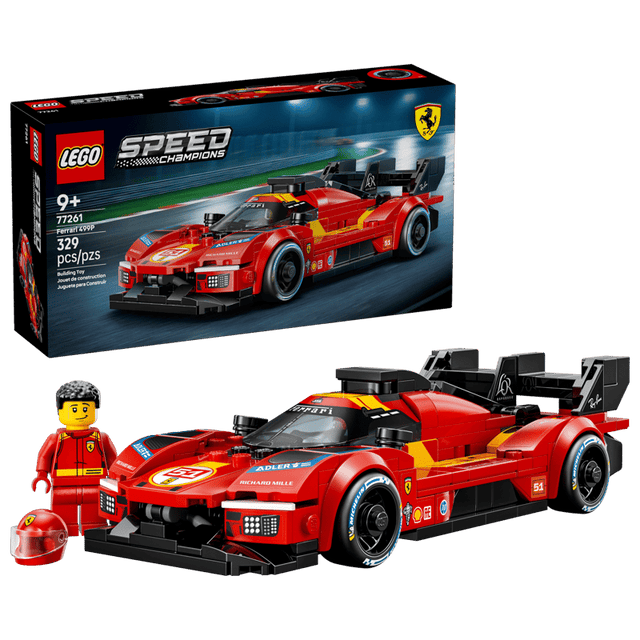 LEGO Speed Champions Ferrari 499P 77261 building kit with 329 pieces, driver minifigure, and Michelin tires