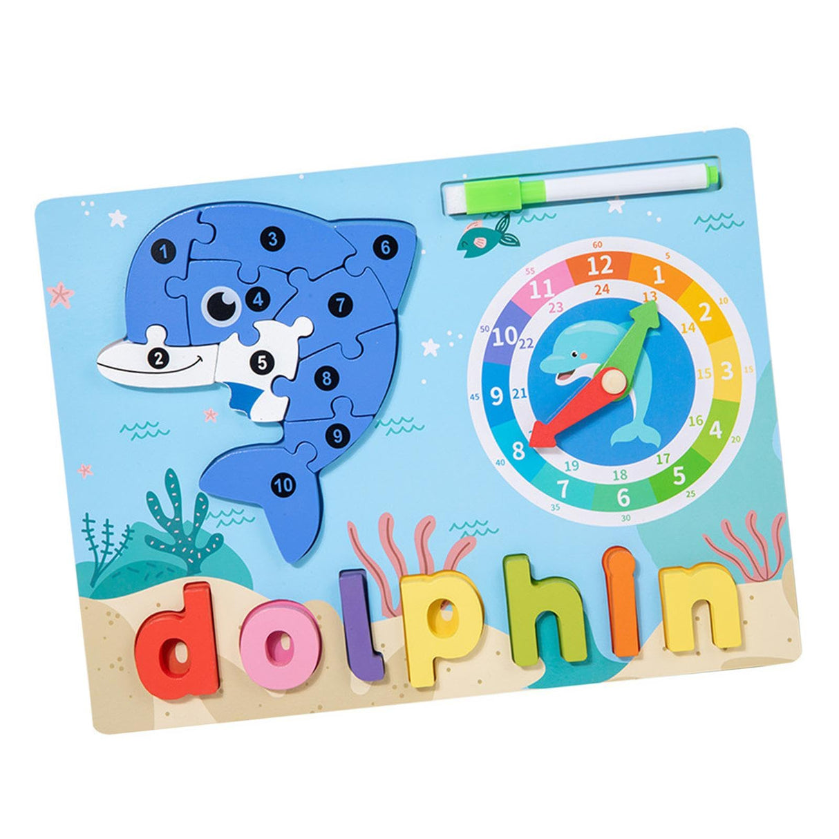 Dolphin Wooden Jigsaw Puzzle Toy with Clock – Educational Learning Toy for Kids