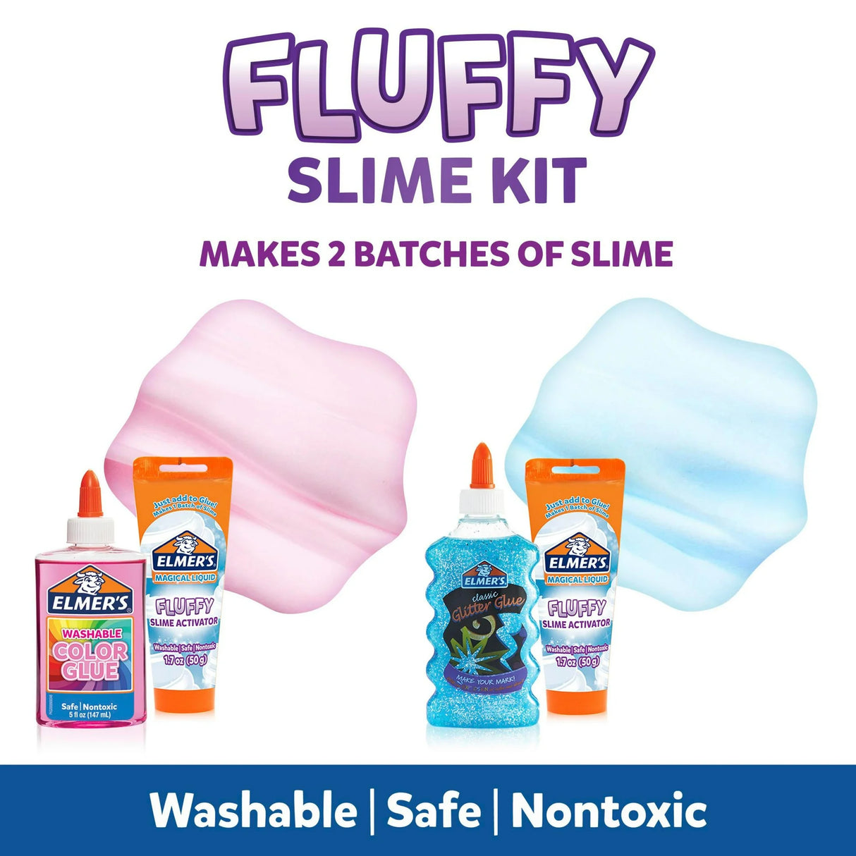 Elmers Fluffy Slime Kit Includes Elmers Translucent Color Glue Elmers Glitter Glue Elmers Fluffy Slime Activator 4 Count