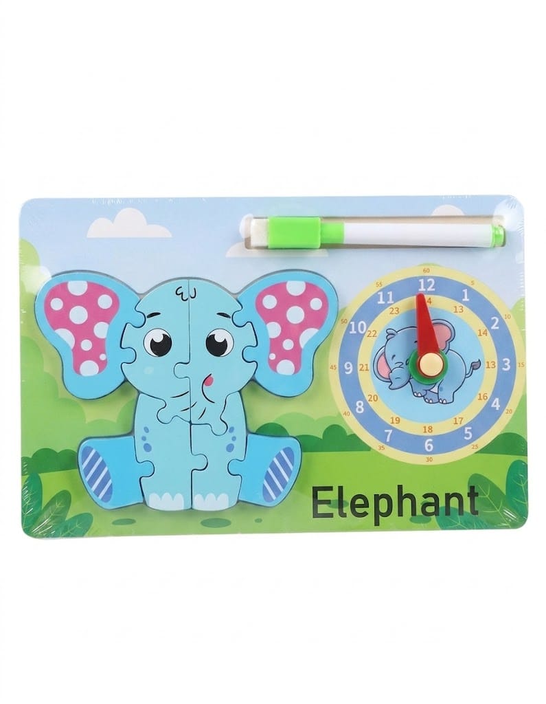 Elephant Small Wooden Jigsaw Puzzle Toy with Clock
