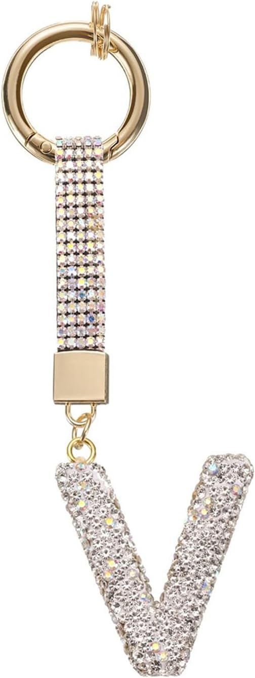 White Rhinestone Letter V Keychain