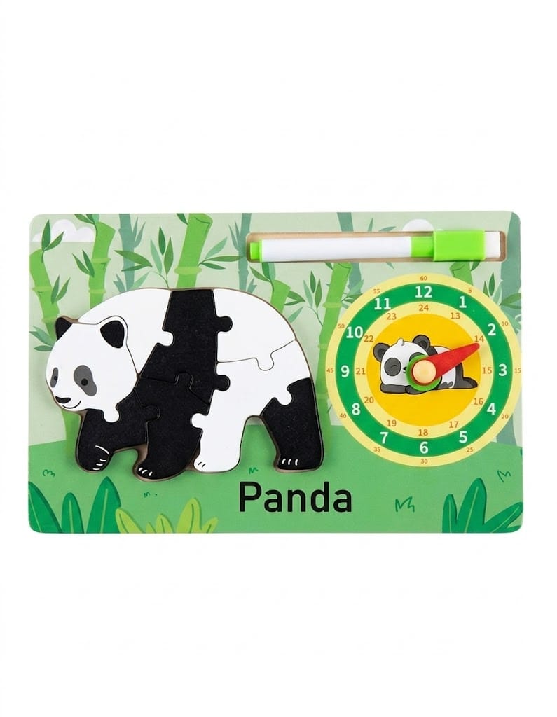 Panda Small Wooden Jigsaw Puzzle Toy with Clock