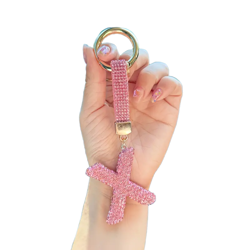 Pink Rhinestone Letter X Keychain