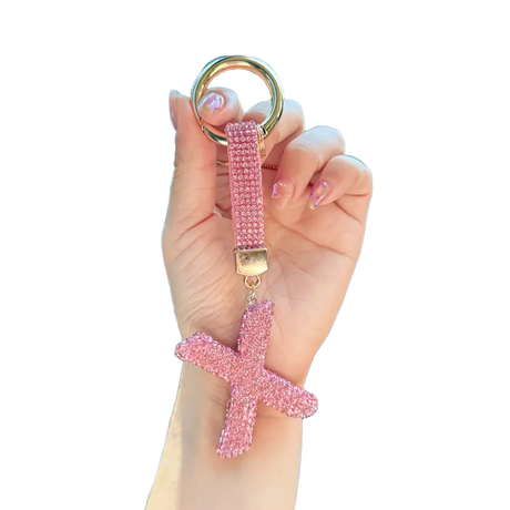 Pink Rhinestone Letter X Keychain