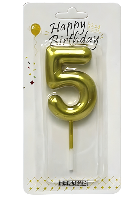 Gold Number 5 Birthday Candle - Metallic Glitter Milestone