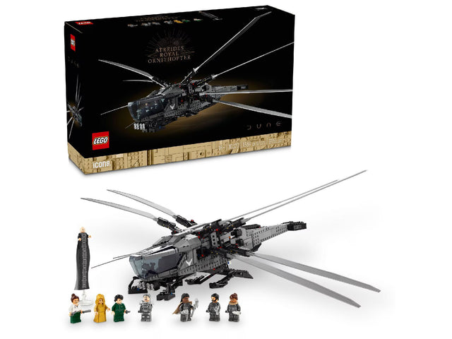 LEGO Icons Dune Atreides Royal Ornithopter 10327 building kit with 1369 pieces, 8 minifigures, and fold-out flappable wings