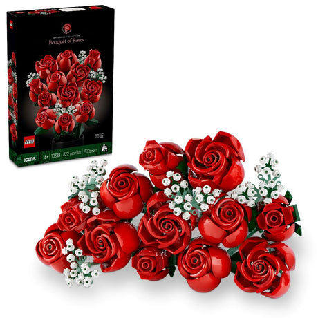 LEGO Botanicals Bouquet of Roses 10328 building kit with 12 red roses in bloom stages and baby's breath sprigs