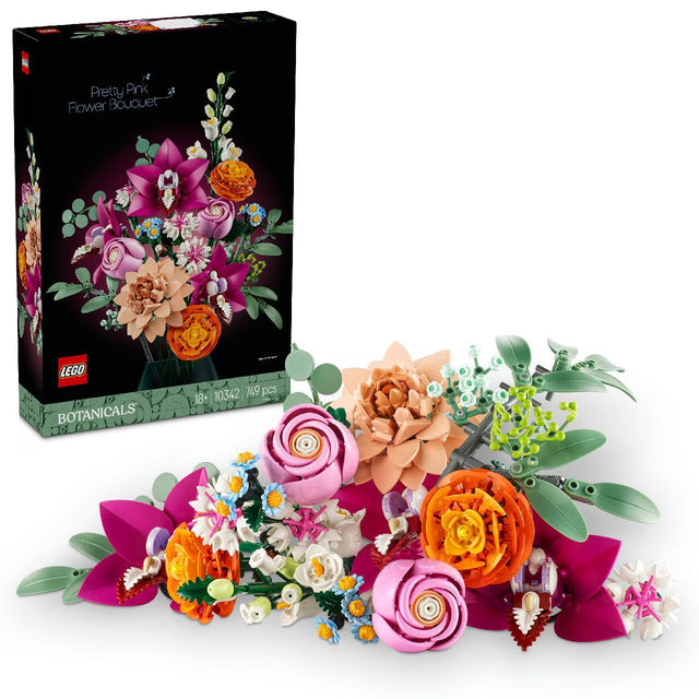 LEGO Botanicals Pretty Pink Flower Bouquet 10342 building kit with 15 adjustable flower stems including roses, orchids, and daisies