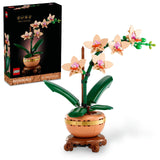 LEGO Botanicals Mini Orchid 10343 building kit with 274 pieces, pink orchid flowers, terracotta pot, and wood-effect plinth