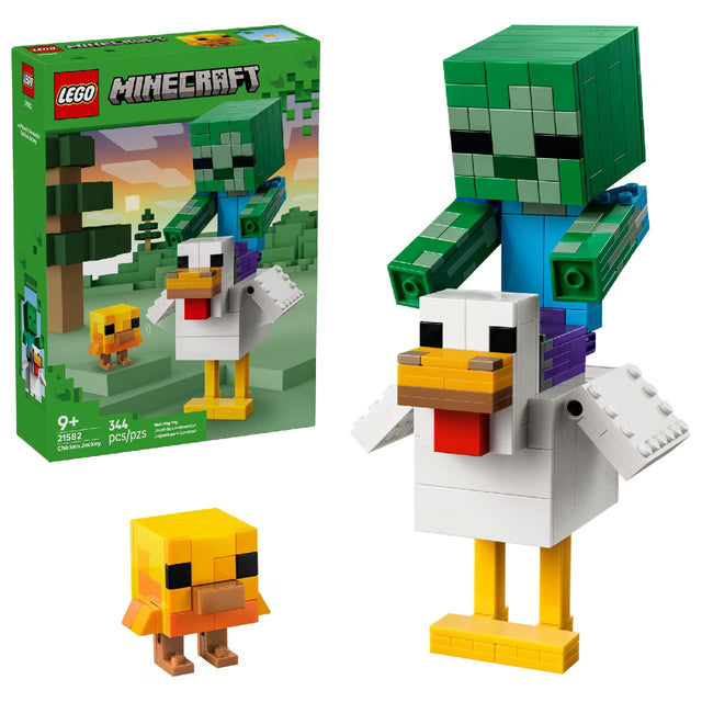 LEGO Minecraft Chicken Jockey 21582 building kit with 344 pieces, posable chicken, baby zombie, and baby chicken figures
