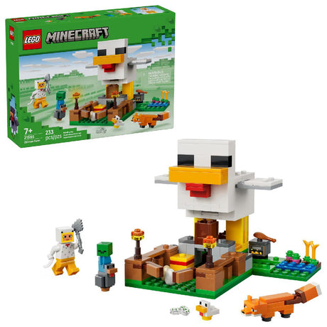 LEGO Minecraft Chicken Farm 21585 building kit with 233 pieces, chicken-shaped coop, Chicken Fan minifigure, and baby zombie