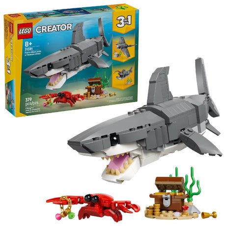 LEGO Creator 3in1 Fierce Shark with a Treasure Chest 31381 building kit with 379 pieces, posable shark, anglerfish, and manta ray models