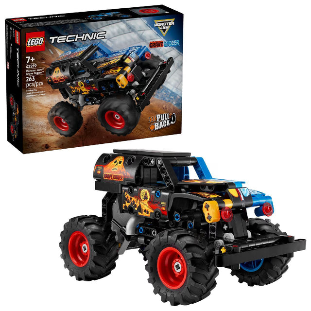 LEGO Technic Monster Jam Grave Digger Fire and Ice 42219 building kit with 263 pieces, pull-back motor, and red flame and blue ice designs