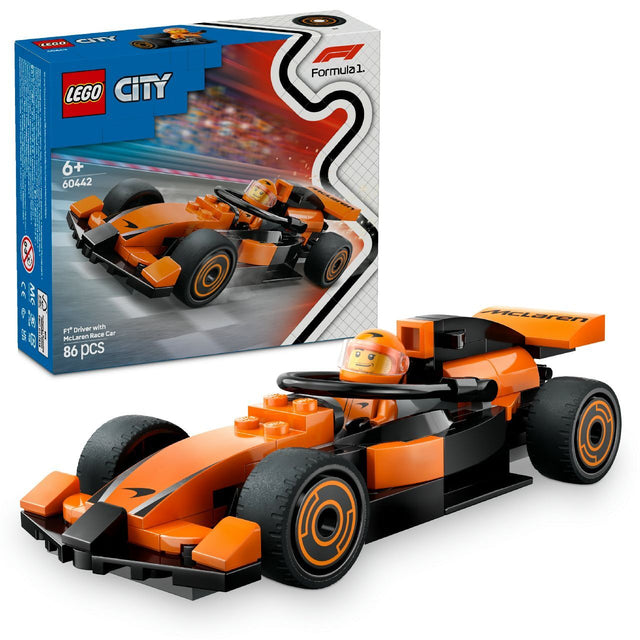 LEGO City F1 Driver with McLaren Race Car 60442 building kit with McLaren driver minifigure and slick tires