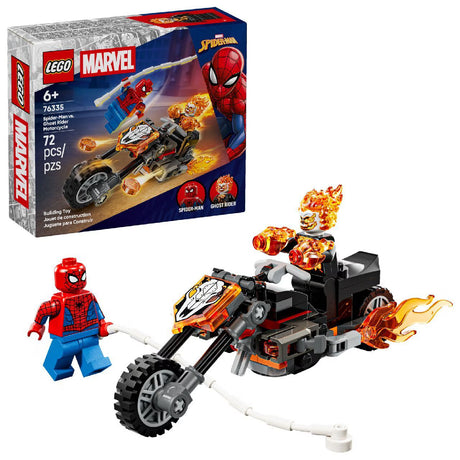 LEGO Marvel Spider-Man vs. Ghost Rider Motorcycle 76335 building kit with 72 pieces, Spider-Man and Ghost Rider minifigures, and flaming motorcycle