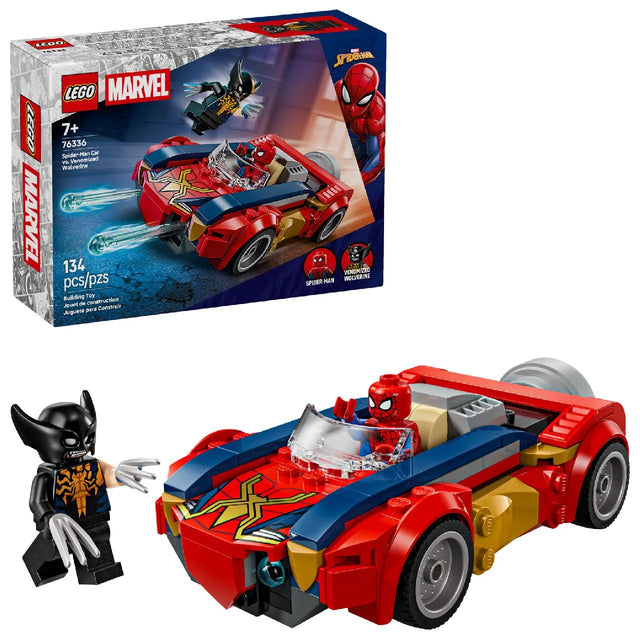 LEGO Marvel Spider-Man Car vs. Venomized Wolverine 76336 building kit with 134 pieces, Spider-Man and Venomized Wolverine minifigures, and spring shooters