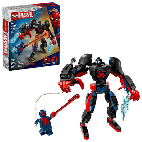 LEGO Marvel Miles Morales Mech vs. Spider-Man 2099 76337 building kit with 135 pieces, 2 minifigures, and posable mech