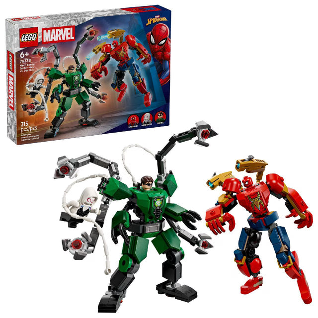 LEGO Marvel Mech Battle Spider-Man vs. Doc Ock 76338 building kit with 315 pieces, Spider-Man, Ghost-Spider, and Doc Ock minifigures, and 2 posable mechs