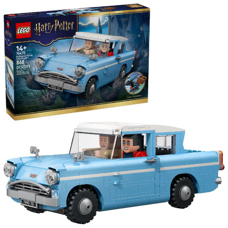 LEGO Harry Potter Enchanted Flying Ford Anglia 76470 building kit with 868 pieces, brick-built Harry, Ron, and Hedwig figures