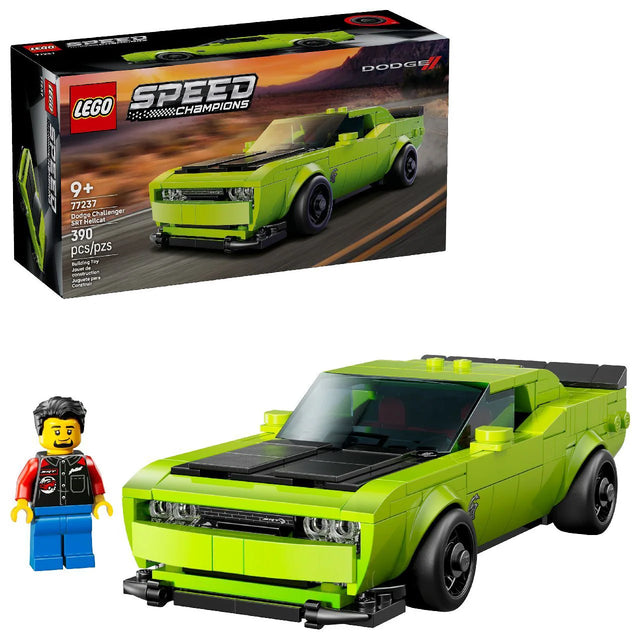 LEGO Speed Champions Dodge Challenger SRT Hellcat 77237 building kit with 390 pieces, driver minifigure, and printed details