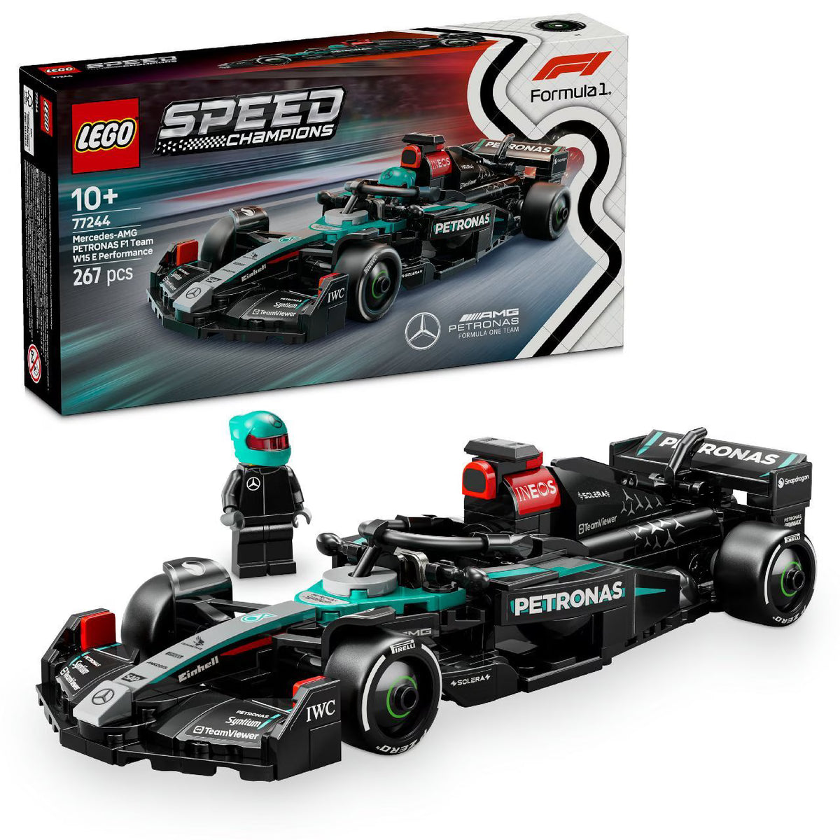 LEGO Speed Champions Mercedes-AMG F1 W15 Race Car 77244 building kit with driver minifigure and Pirelli tires