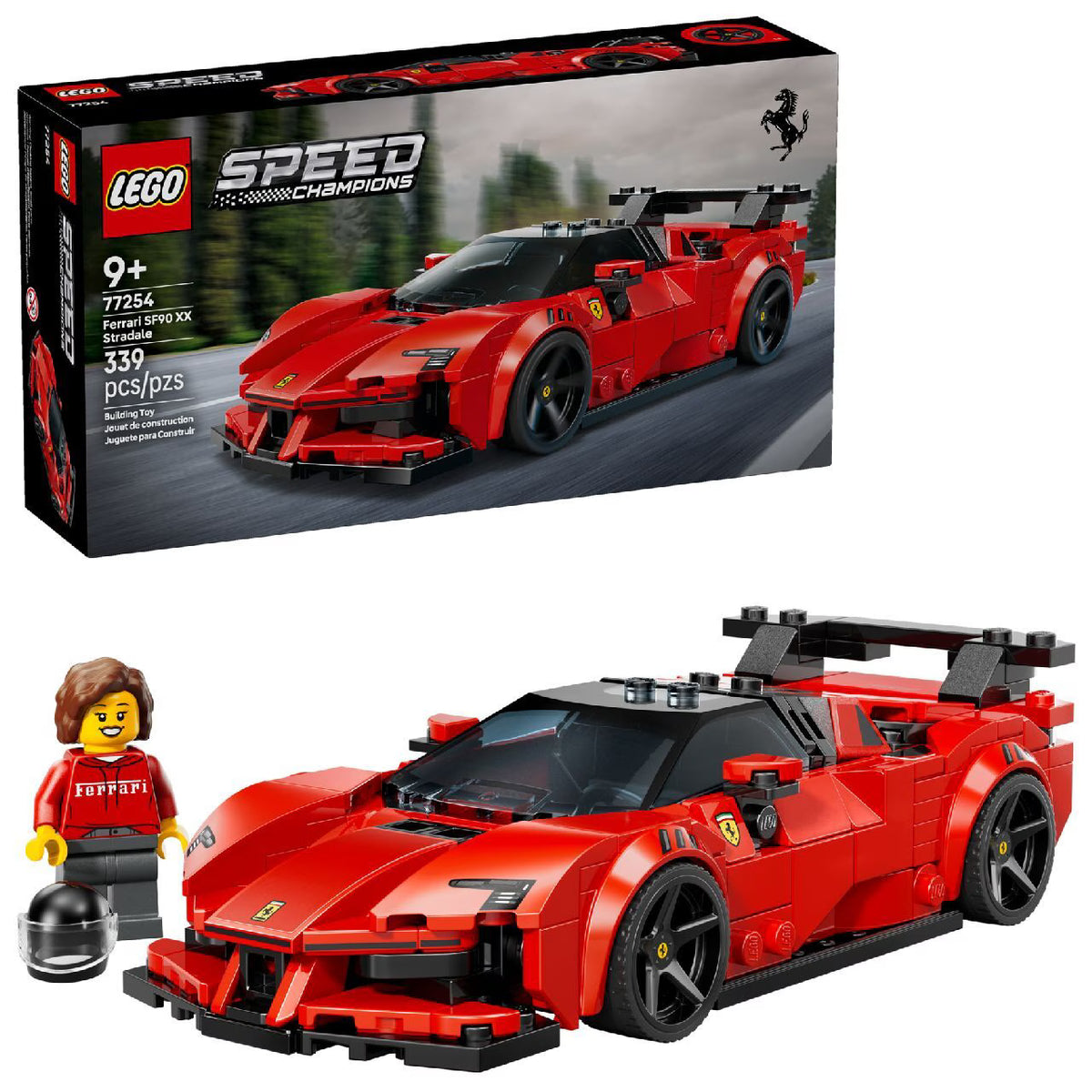 LEGO Speed Champions Ferrari SF90 XX Stradale Sports Car 77254 building kit with 339 pieces, driver minifigure, and authentic Ferrari shield rims