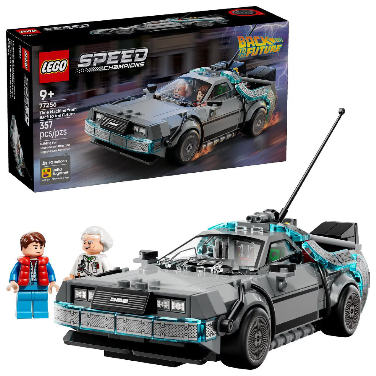 LEGO Speed Champions Time Machine from Back to the Future 77256 building kit with DeLorean, Doc Brown, and Marty McFly minifigures
