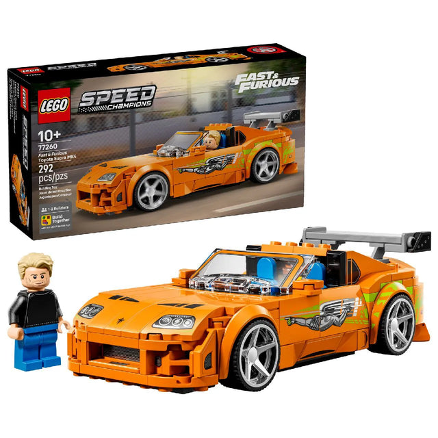 LEGO Speed Champions The Fast and The Furious Toyota Supra MK4 77260 building kit with 300 pieces, Brian O'Conner minifigure, and iconic orange livery