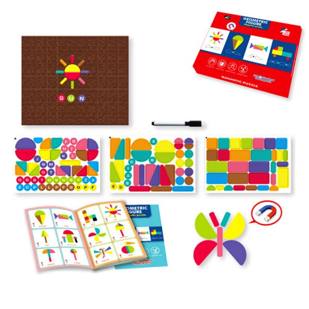 Magnetic Puzzle Board 124-Piece Set with Shapes, Letters & Marker