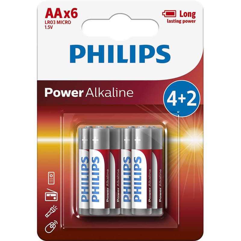 Philips Battery Alkaline AA Promo Pack Blister (4 Pieces+ 2 Pieces) 6 PCS