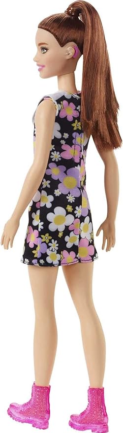 Barbie Fashionistas Doll #187 with Behind-The-Ear Hearing Aids, Brunette Ponytail, Shift Dress & Pink Boots