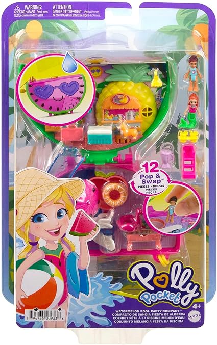 Polly Pocket Compact Playset, Scented Watermelon Pool Party with 2 Micro Dolls & Accessories, Travel Toys