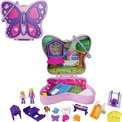 Polly Pocket Compact Playset, Backyard Butterfly with 2 Micro Dolls & Accessories, Travel Toys with Surprise Reveals (Amazon Exclusive)