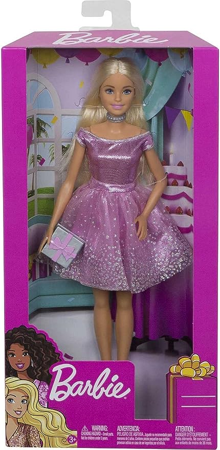 Barbie Happy Birthday Doll, Blonde, Wearing Sparkling Pink Party Dress with Present, 3 to 7 Year Olds