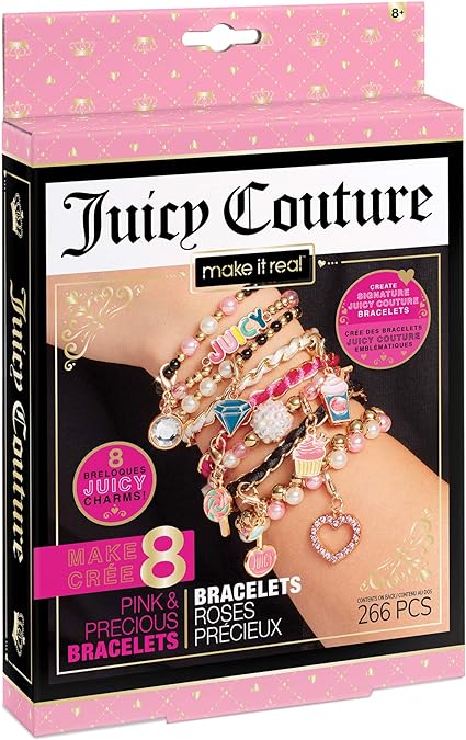 Make It Real - Juicy Couture Pink and Precious Bracelets - DIY Charm Bracelet Making Kit - Friendship Bracelet Kit with Charms, Beads & Cords - Arts & Crafts Bead Kit for Girls - Makes 8 Bracelets