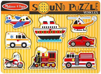 Melissa & Doug Vehicles Sound Puzzle - Wooden Peg Puzzle With Sound Effects (8 pcs) - Sound Puzzles for Toddlers, Wooden Puzzles For Kids Ages 2+