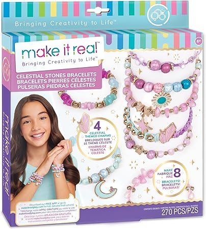 Make It Real: Celestial Stones Bracelets Kit - Create 8 Fashionable Bracelets, 4 Celestial Charms, 270 Pieces, Includes Play Tray, All-in-One, DIY Jewelry Kit, Tweens & Girls, Arts & Crafts, Ages 8+