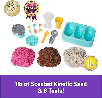 Kinetic Sand Scents, Ice Cream Treats Playset with 3 Colors of All-Natural Scented Play Sand and 6 Serving Tools, Sensory Toys for Kids Ages 3 and up