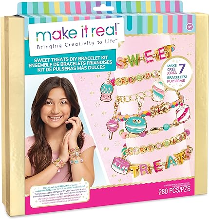 Make It Real: Sweet Treats DIY Bracelet Kit - Create 7 Charm Bracelets, 280 Pieces Included, Make Dessert Themed Eye-Catching Bracelets, DIY All-in-One Kit, Tweens & Girls, Arts & Crafts, Ages 8+