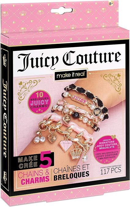 Make It Real - Juicy Couture Mini Chains and Charms - DIY Charm Bracelet Making Kit - Friendship Bracelet Kit with Charms, Beads & Cords - Arts & Crafts Bead Kit for Girls - Make 5 Bracelets